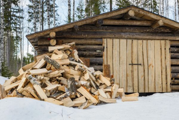 Piles of firewood next to a storage building